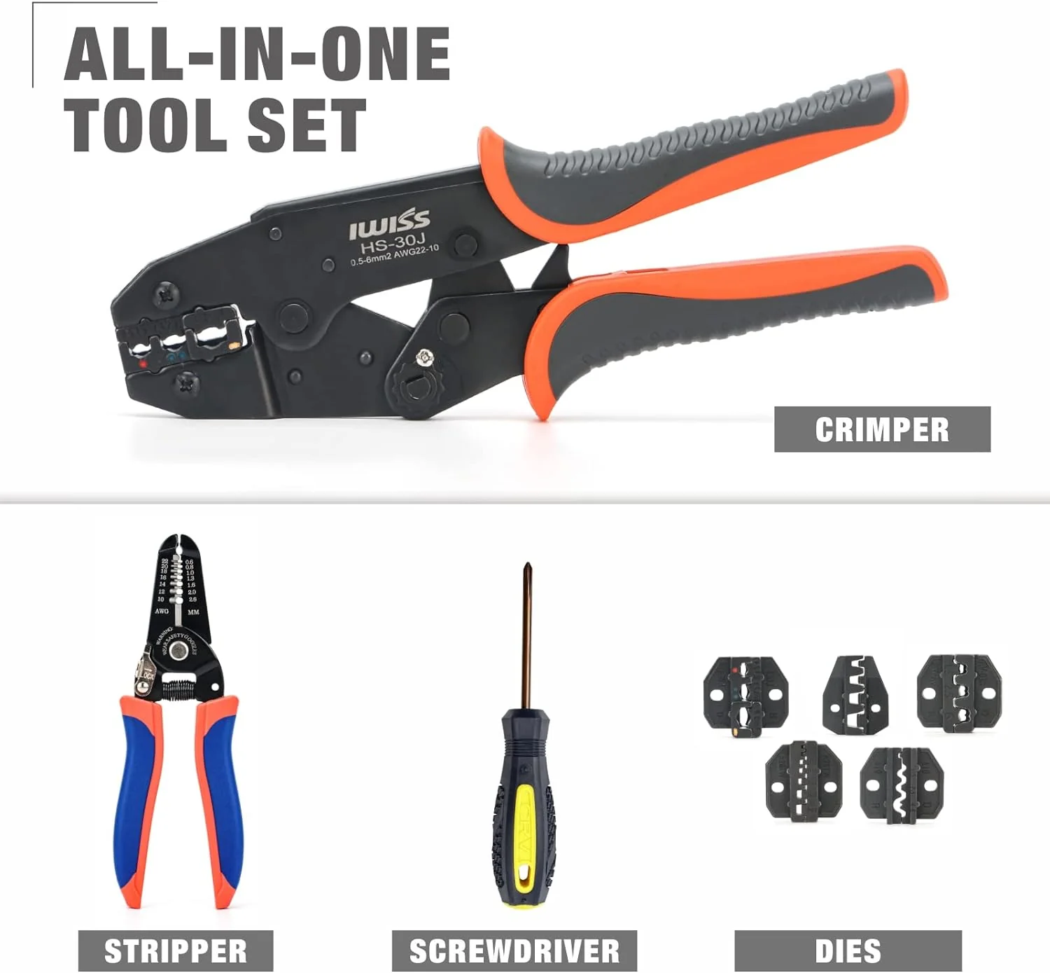 36 months - 17 years IWISS Wire Crimping Tool Set with Wire Cable Stripper, Ratcheting Wire Crimper Tool with 5pcs Interchangeable Dies for Insulate
