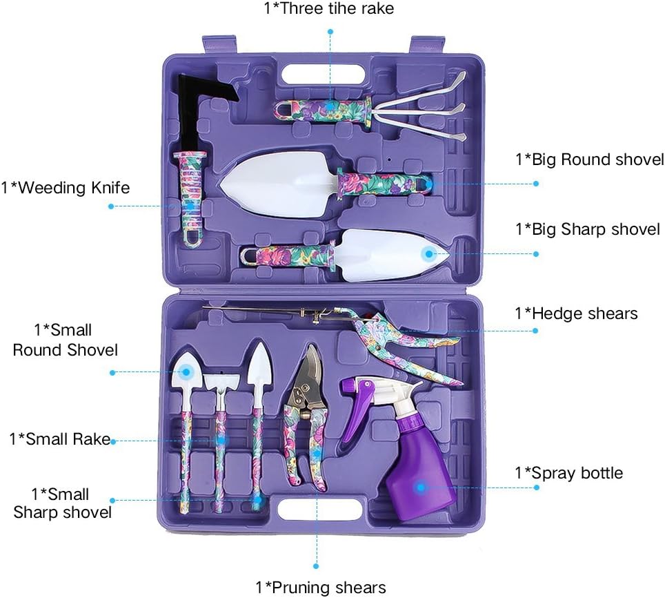 Jumphigh Garden Tools Set,  10 Pieces Gardening Tools with Purple Floral Print, Ergonomic Handle Trowel Rake Weeder Pruner Shears Spraye