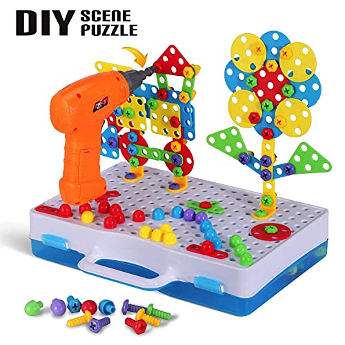 SUPSTEM 224 Piece STEM Building Toys for Kids 4 5 6 7 8 Year Old, Trendy Bits Drill Puzzle with Screwdriver Tool Set, Mosaic Drill Set f