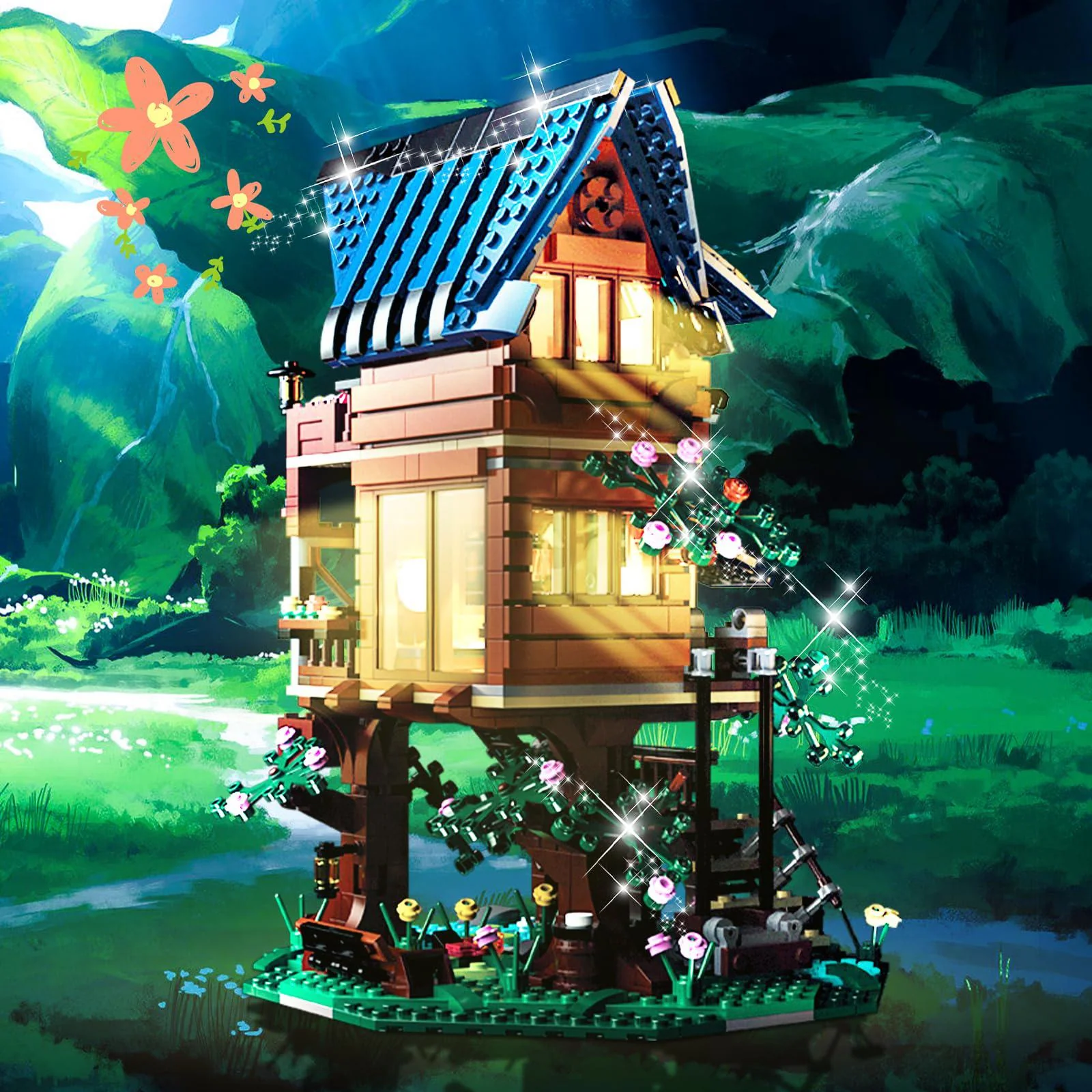 okkidy tree house building toys, friends treehouse building blcok stem creative forest house street view sets 4 seasons in 1