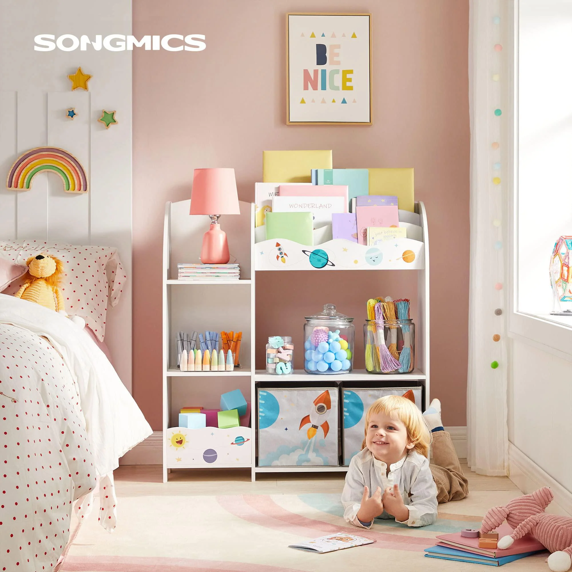 songmics toy and book organizer for kids, storage unit with 2 storage boxes, for playroom, childrens room, living room, white