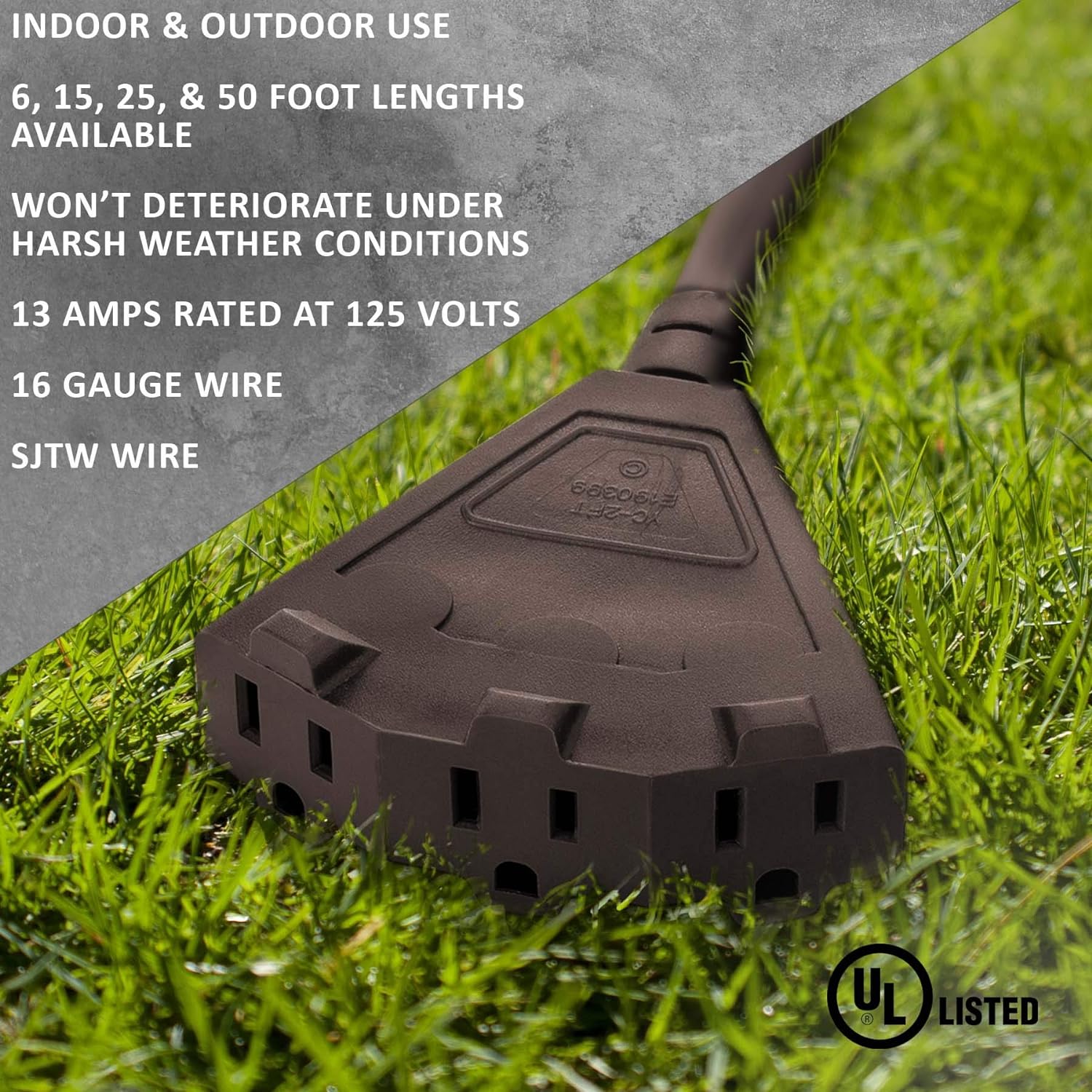 Holiday Lighting Outlet 25-Foot Brown Outdoor Extension Cord | Heavy-Duty Extension Cord for Appliances, Lawn Tools,