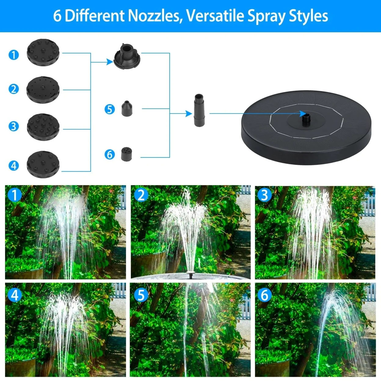 GLOBAL PHOENIX Solar Powered Fountain Pump Floating Bird Bath Pond Pump 6 Nozzles For Aquarium Garden Backyard Pond Pool Outdoor