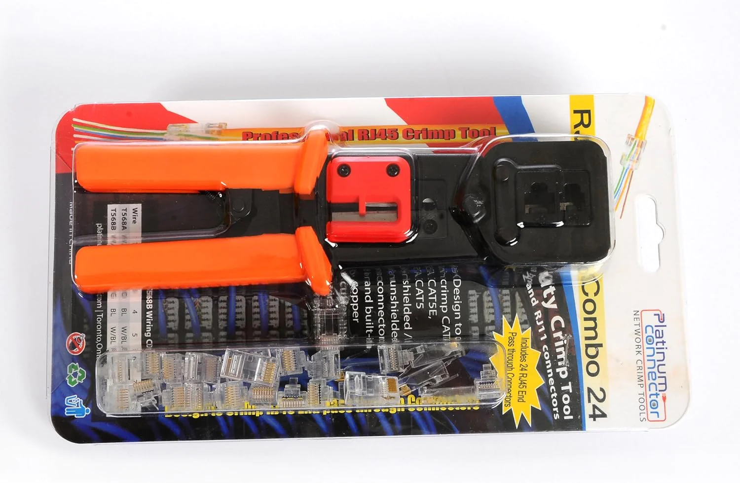 Platinum Connector Heavy Duty RJ45 crimp Tools combo with 24 counts Cat6 snap in clips: Pass-Through crimper makes UTP/FTP CAT6a/6/5e cable connec