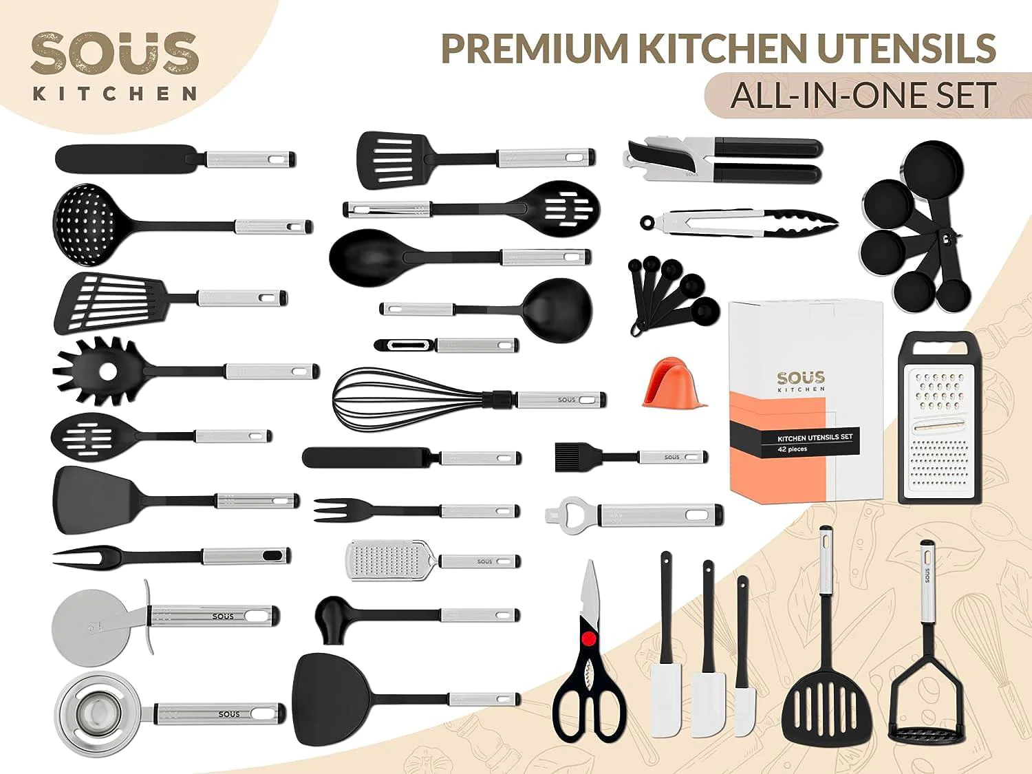 sous kitchen premium kitchen utensils set stainless steel - non-stick coating silicone cooking utensils &a; 42 pieces kitchen tool set - dur