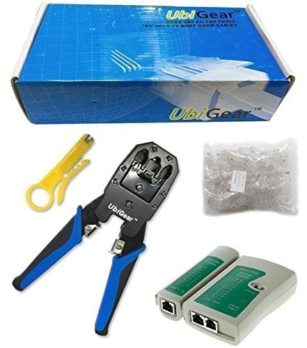 UbiGear® Network/Phone Cable Tester + RJ11/RJ12/RJ22/RJ45 Crimp Crimper +100 RJ45 CAT5 CAT5e Connector Plug Network Tool Kits (C