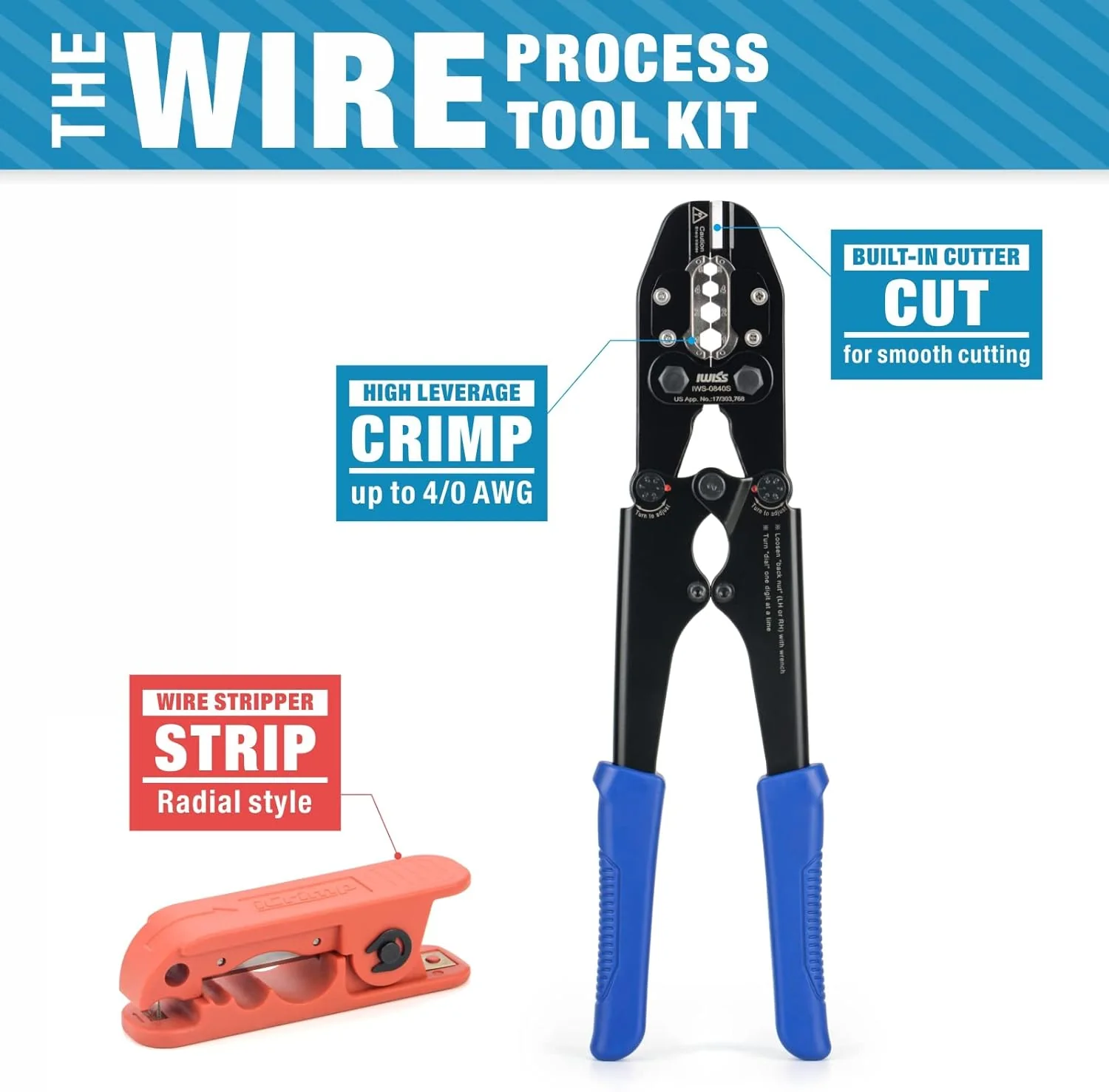 ZHEJIANG IWISS ELECTRIC CO.,LT IWISS Battery Cable Lug Crimping Tool Kit for 8, 6, 4, 2, 1,1/0, 2/0, 3/0, 4/0 AWG Copper Ring Terminals, Battery Cable Ends, C