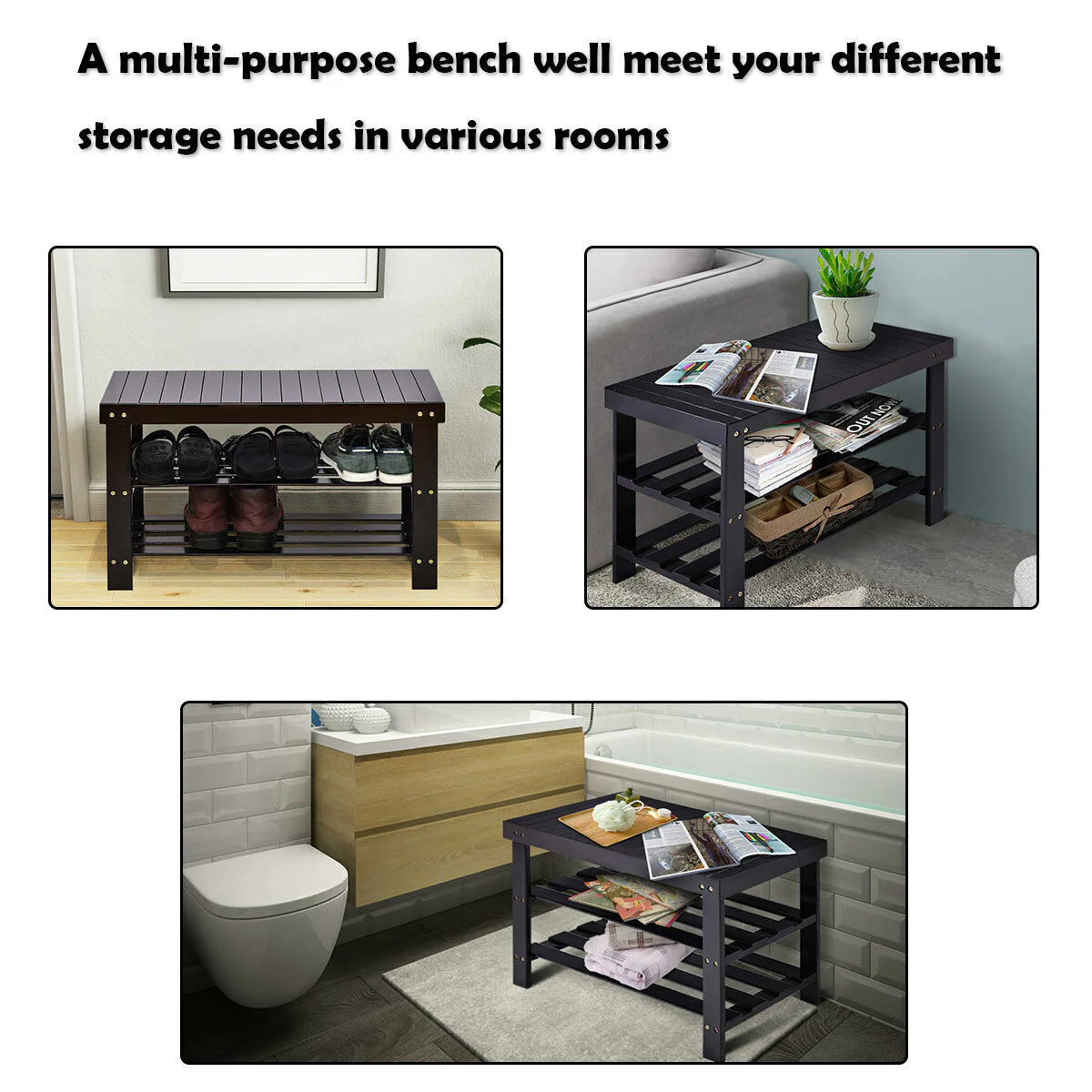 Great Choice Products 3-Layer Bamboo Shoe Rack Shoe Change Bench Stool Storage Shelf Organizer Black