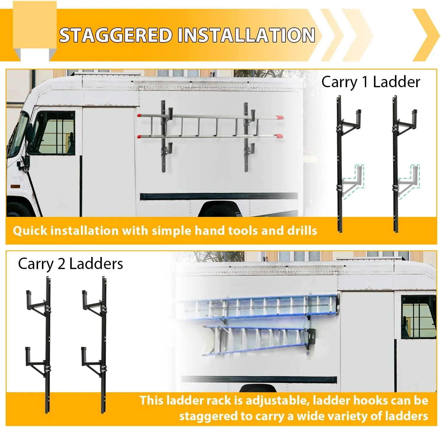 GLORINTEN KUAFU Adjustable Trailer Ladder Rack Universal Side Mount Compatible with Enclosed Trailer Exterior Outside Wall - Carry 1 or 2