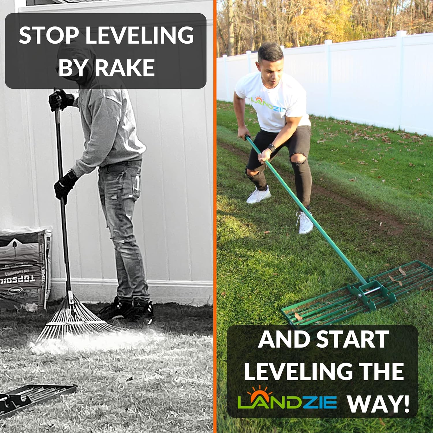Landzie and Ryan Knorr Lawn Care 36 Inch Wide 72 Inch Handle Powder Coated High Quality Yard, Lawn, and Garden Leveler Rake with Powder