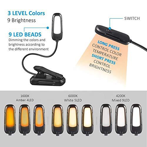 DS Picnic rechargeable book light, 360 flexible clip on light up to 60 hours reading in bed, eye protection, 9 led reading light with 9