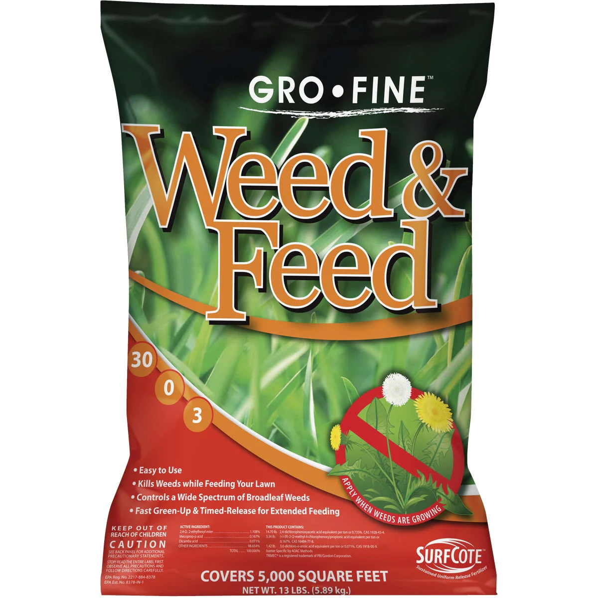 Gro-Fine GF23329 Gro-Fine Weed &a; Feed 13 Lb. 5000 Sq. Ft. 30-0-3 Lawn Fertilizer with Weed Killer GF23329