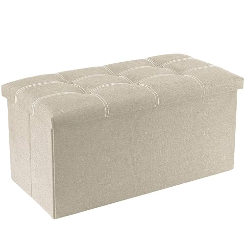 YOUDENOVA 30 inches Folding Storage Ottoman, 80L Ottoman Bench Footrest Stool, Linen Fabric Beige Storage Chest Padded Seat for