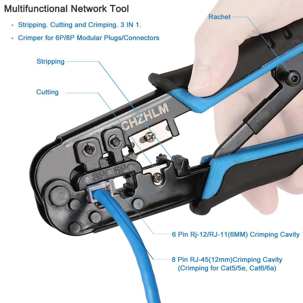 chzhlm rj45 crimp tool kit crimping tool for cat5 cat5e cat6 modular plugs connector 6p/rj-11 rj12 8p/rj45 network crimping t