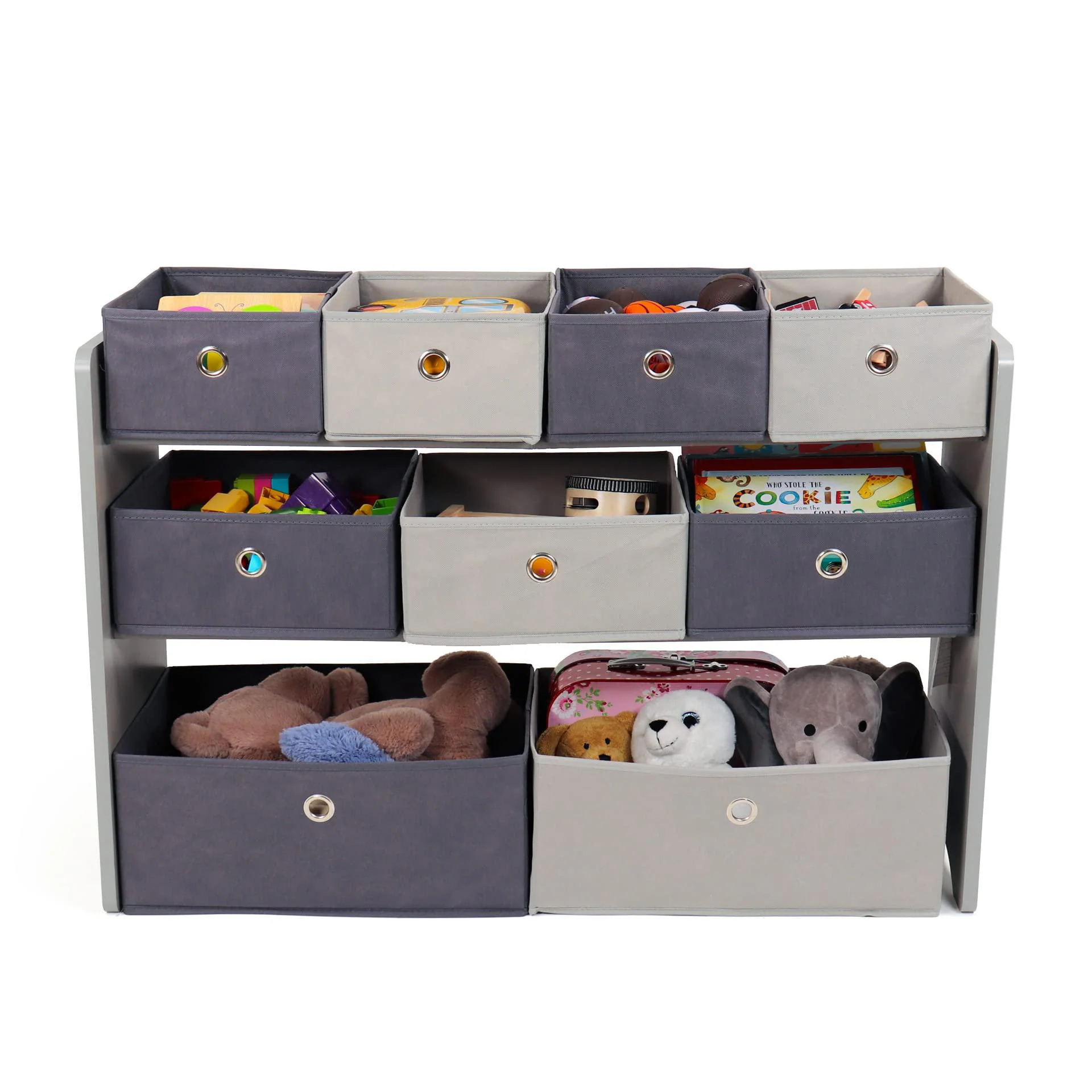 humble crew kids toy organizer with 9 storage fabric bins, grey