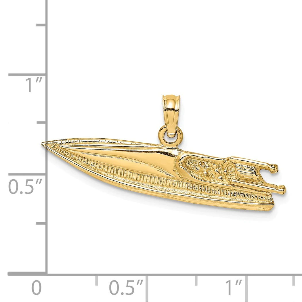 Jewelryweb 32mm 14k Gold Speed Boat High Polish and Textured / 2-d Charm