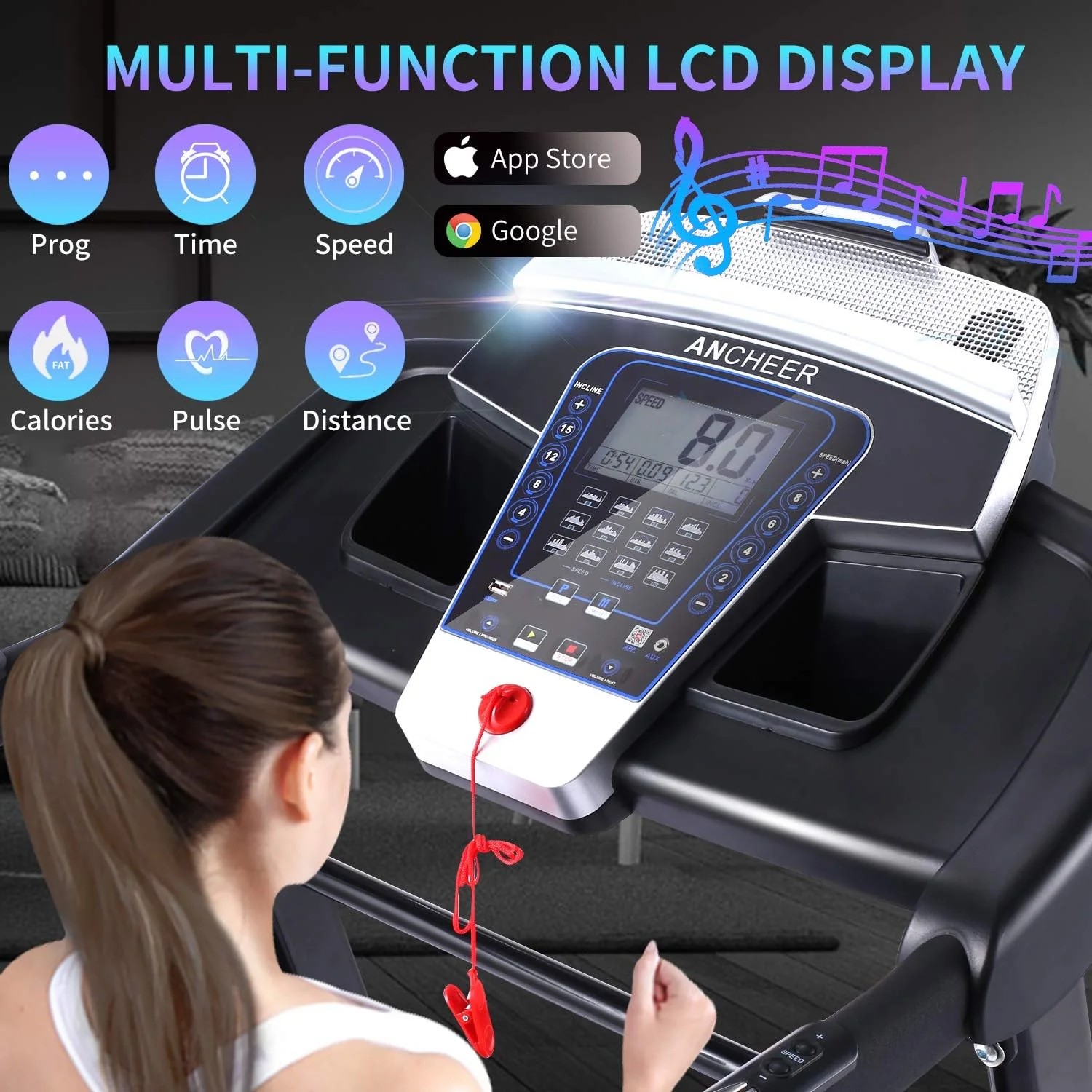 Ancheer Foldable 3.25HP Treadmill with 15% Auto Incline,Speakers,Bluetooth,LCD,APP&a;Pulse Monitor, 300LBs Capacity Cardio Fitness Machine