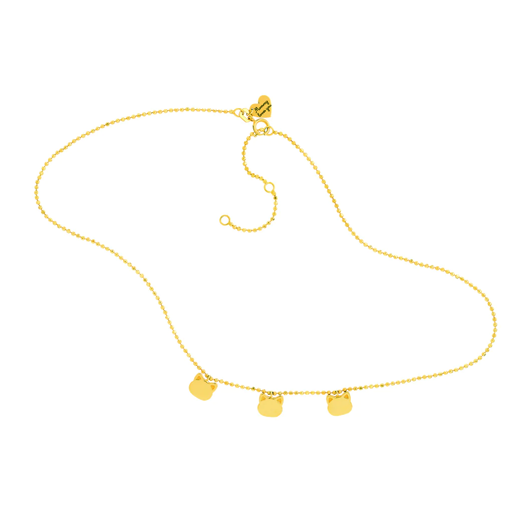 Jewelryweb 14k Yellow Gold Mommy Loves You Triple Cats Head Adjustable Necklace - 15 Inch