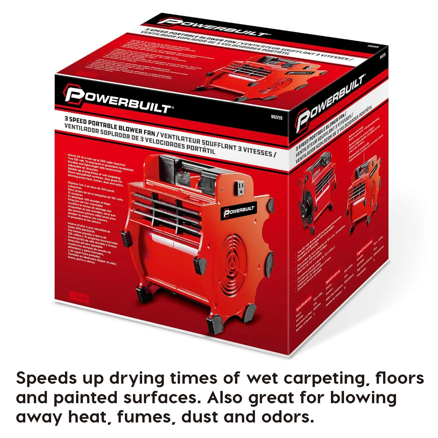 GCP Products 3 Speed Portable Blower Dry Fan, Adjustable 3-Speed, Shop Dryer, Wet Carpet, Paint, Built-In Outlets - Red