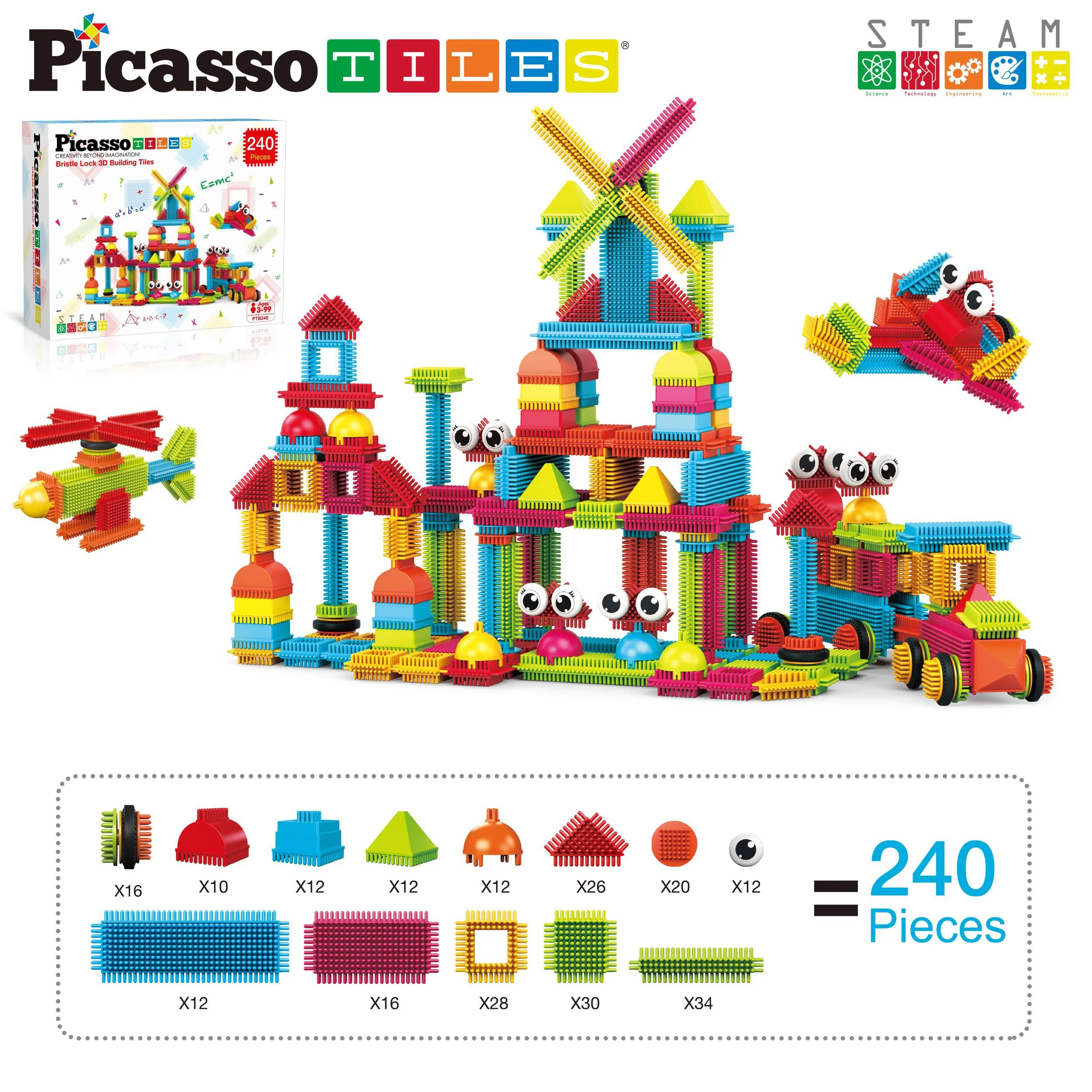 PicassoTiles picasso toys ptb240 240pcs hedgehog shape 3d stem building blocks tiles set construction learning toy stacking educational bl