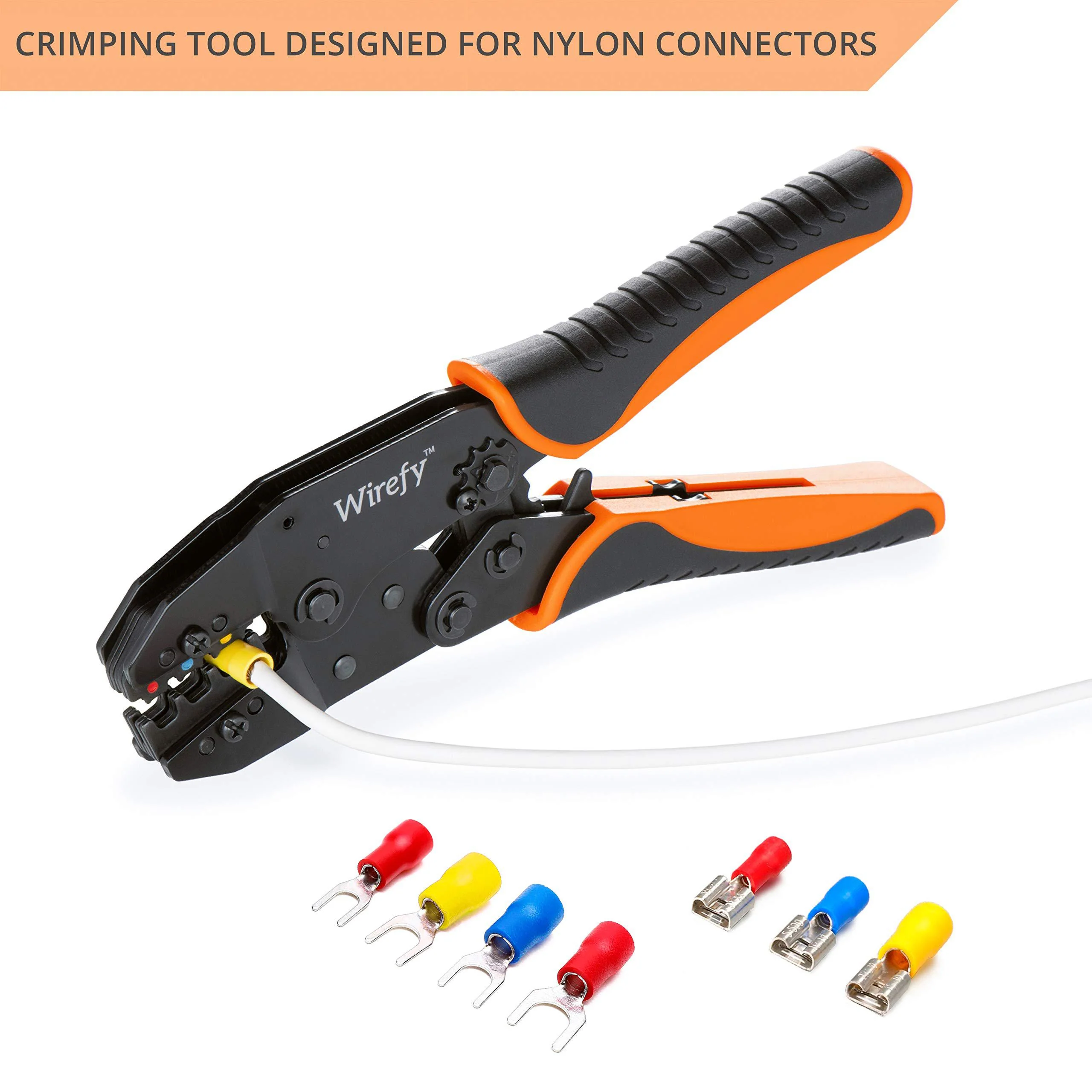 wirefy crimping tool for insulated electrical connectors - ratcheting wire crimper - crimping pliers - ratchet terminal crimp