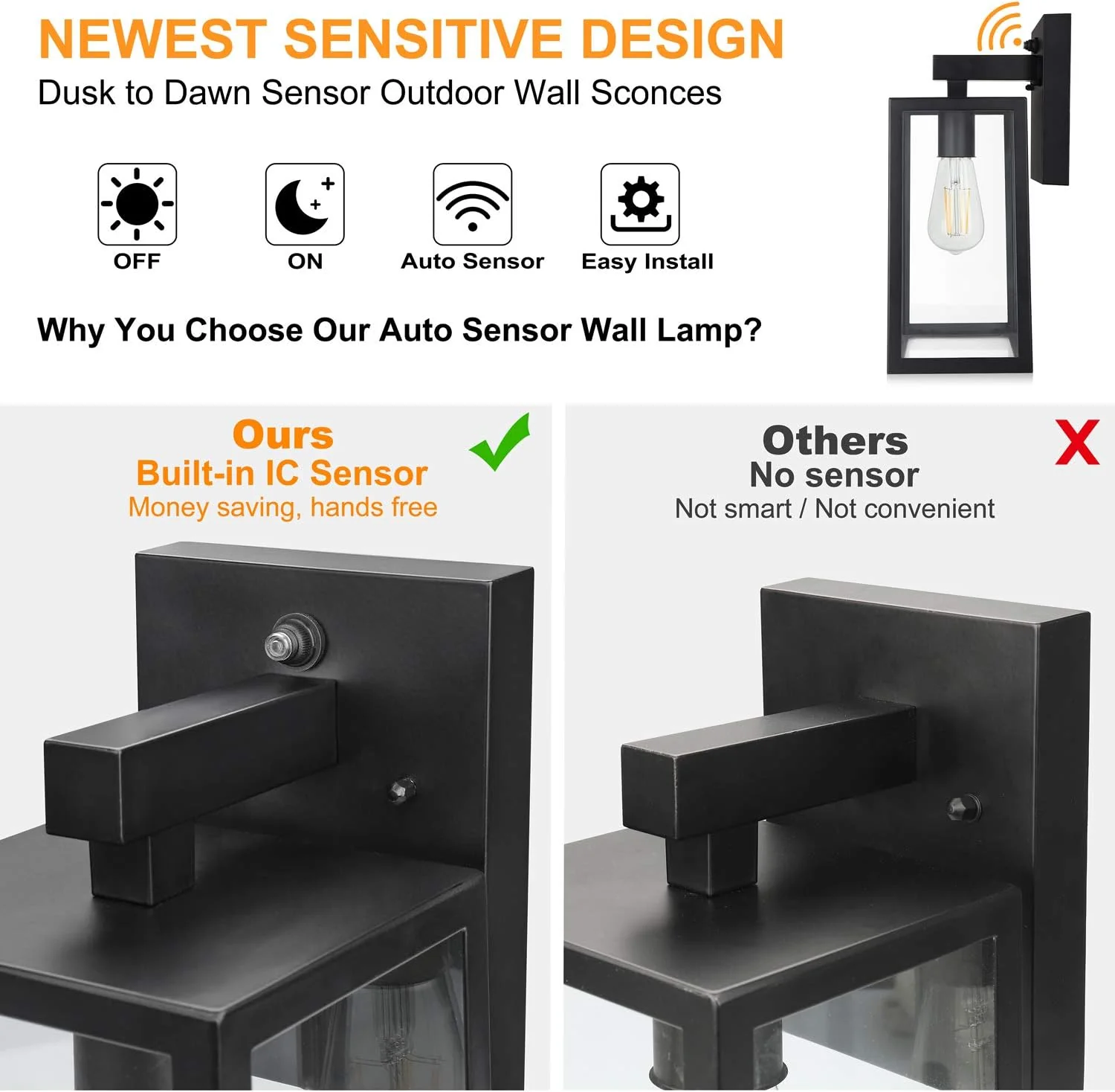 SHINE HAI Dusk to Dawn Outdoor Wall Lantern, Exterior Wall Sconce Sensor Light Fixture with E26 Base Socket, Anti-Rust Waterproof Wall Mo
