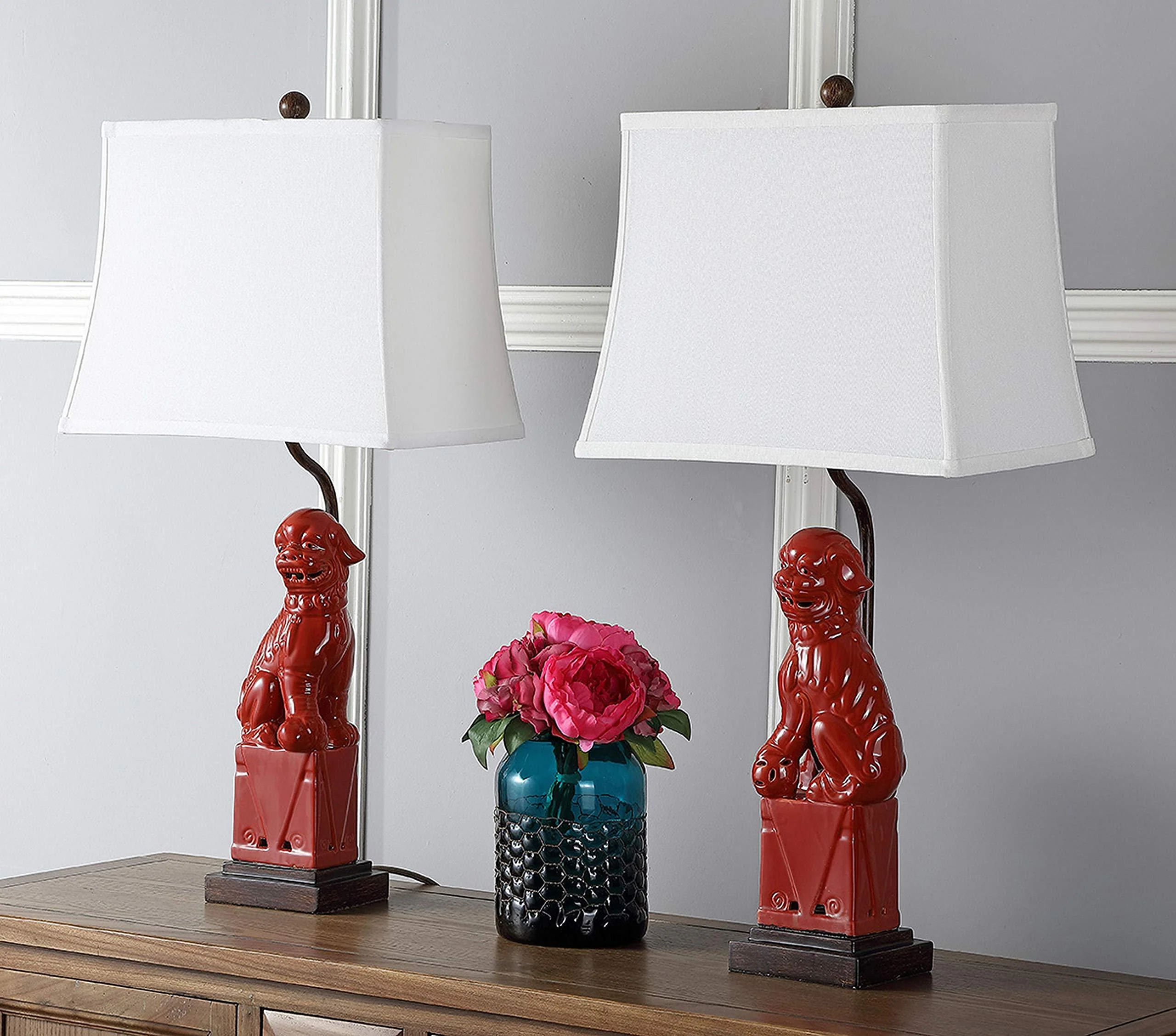 safavieh lighting collection chinese foo dog red 28-inch bedroom living room home office desk nightstand table lamp set of 2