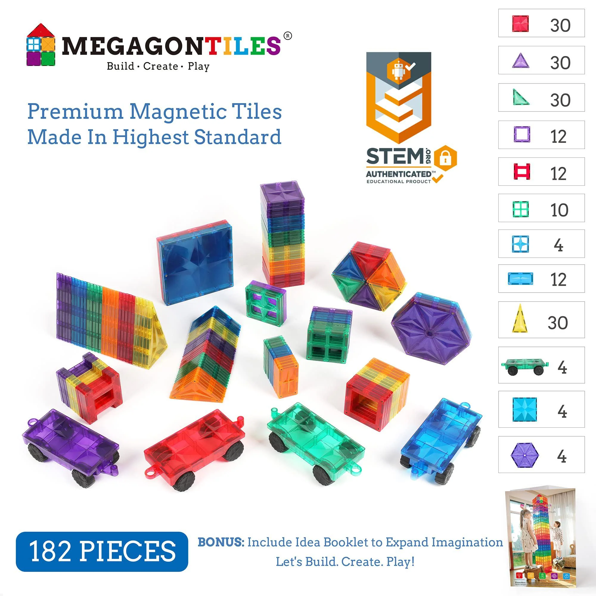 megagontiles 182pcs magnetic tiles | stem authenticated | mega magnet tiles set| clear magnetic blocks | magnetic toys | magn