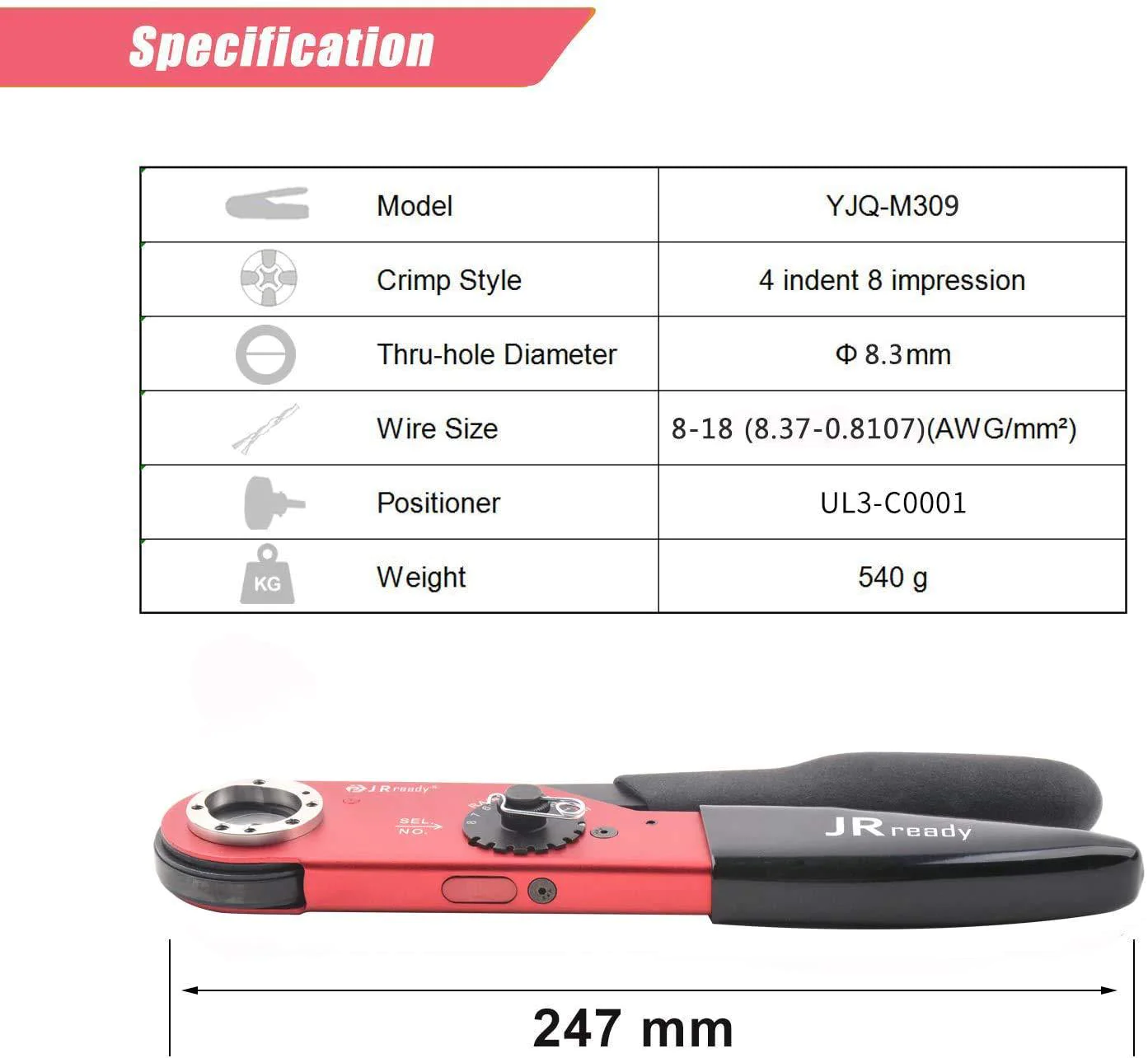 jrready act-m309 hand tools cable crimping tool industrial mid-current range adjustable indent crimp tools heavy duty crimper