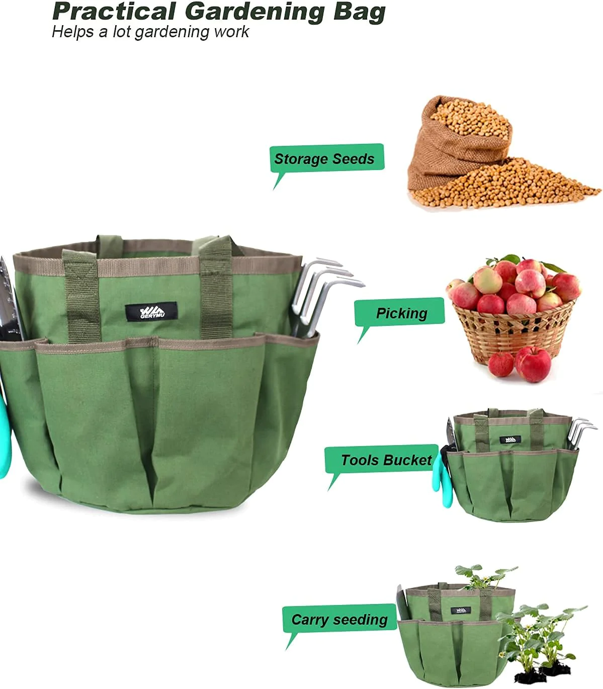 gerymu Garden Tool Bucket Bag -Garden Bags for Tools Gardening Organizer Tote for Women with Pockets Garden Caddy, Personalized Great
