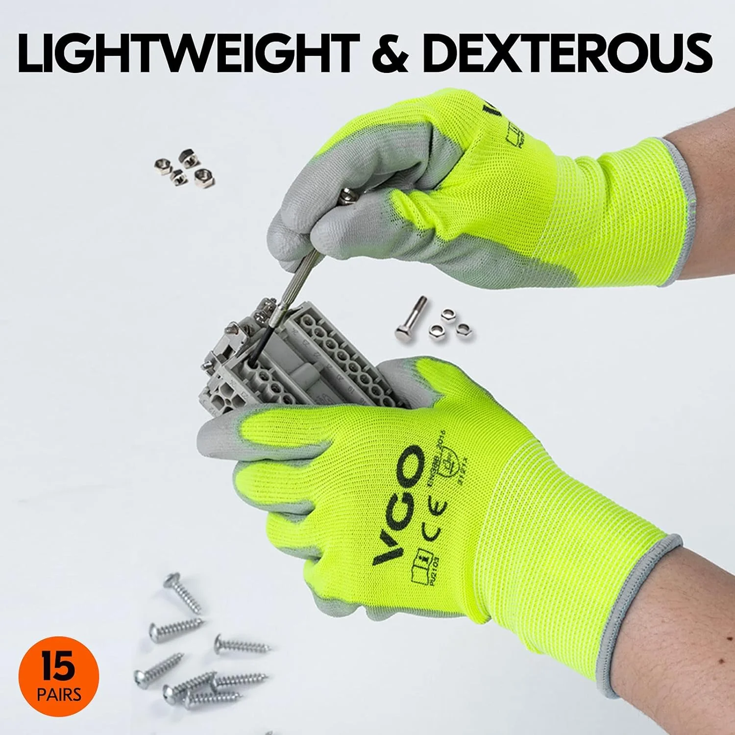 Laborsing Safety Products Inc. Vgo 15-Pairs Safety Work Gloves, Gardening Gloves, Polyurethane Coated, Dipping Gloves, Latex Free (Size L, Yellow, PU2103)