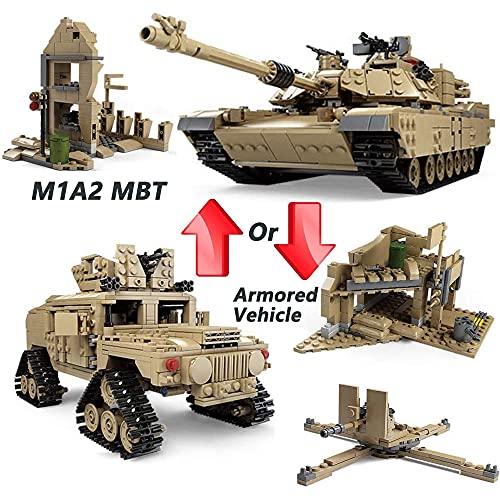 Feleph Military M1A2 Tank Model Kit with 5 Soldier Figures, WW2 Army Tank Custom Vehicles Set 1:28, 2 in 1 Building Bricks Toys