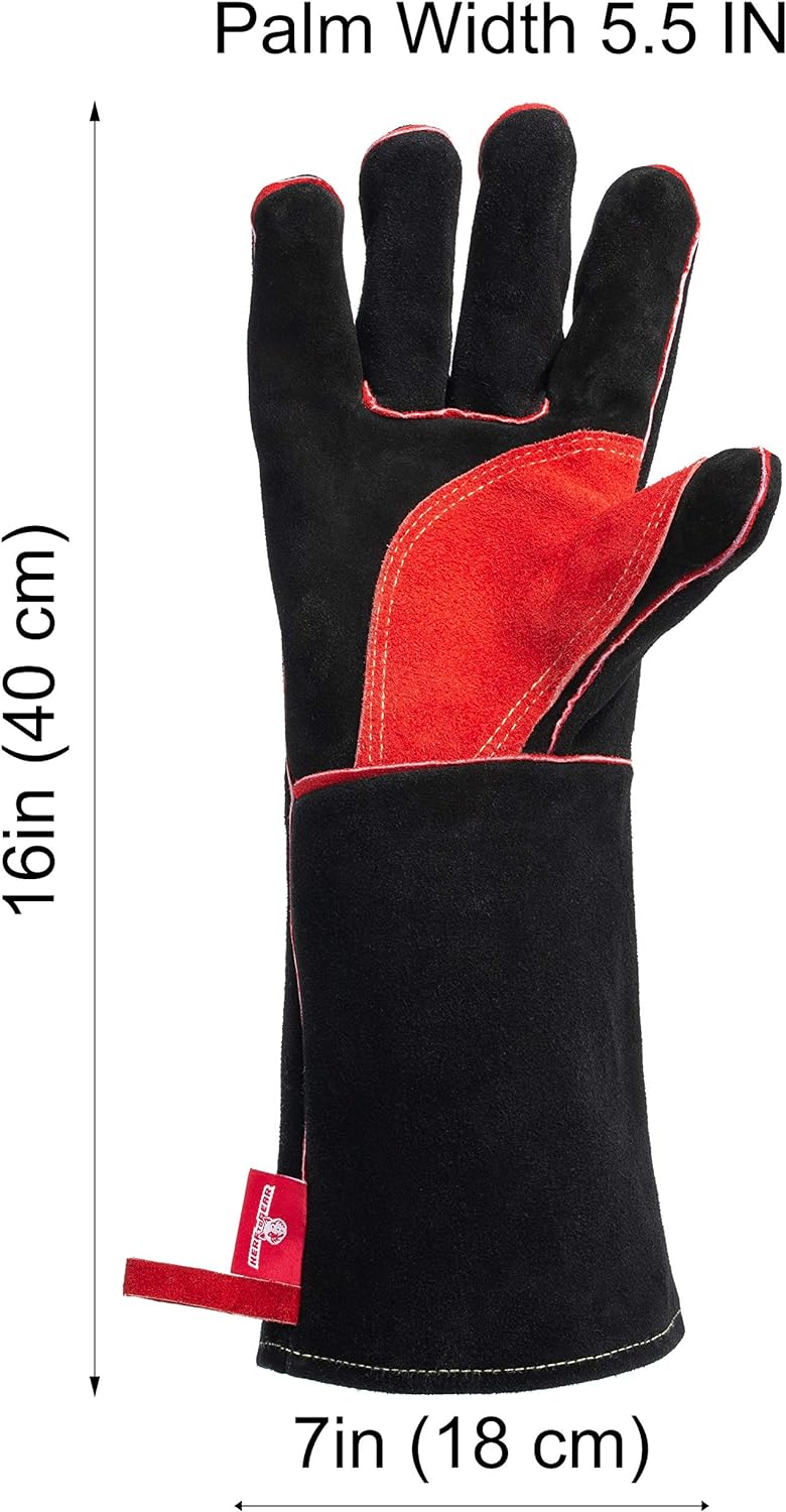 HereToGear Welding Gloves - 16IN - Large to XL Size - Fireproof and Heat Resistant - Great for Fireplaces, Fire Pits, Wood Stoves or Black