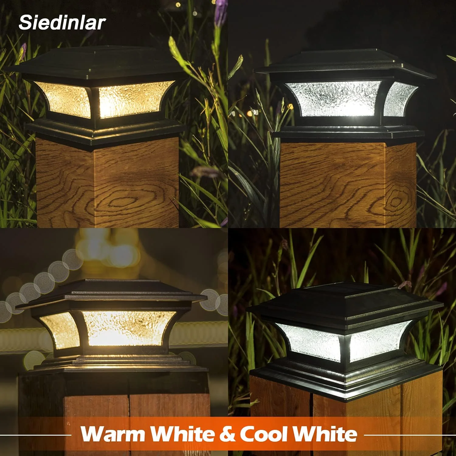 Siedinlar Solar Post Lights Outdoor Glass LED Fence Cap Light 2 Modes for 4x4 5x5 6x6 Posts Deck Patio Garden Decoration Warm W