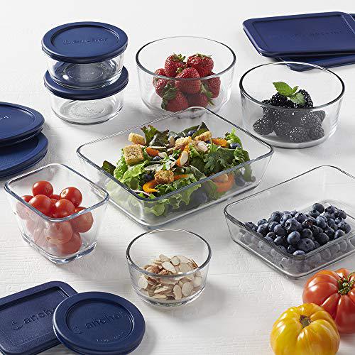 anchor hocking 16 piece round and rectangle glass food storage containers, space saving meal prep, navy bpa-free snugfit lids