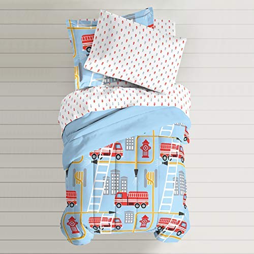 dream FACTORY Kids 5-Piece Complete Set Easy-Wash Super Soft Microfiber Comforter Bedding, Twin, Blue Fire Truck