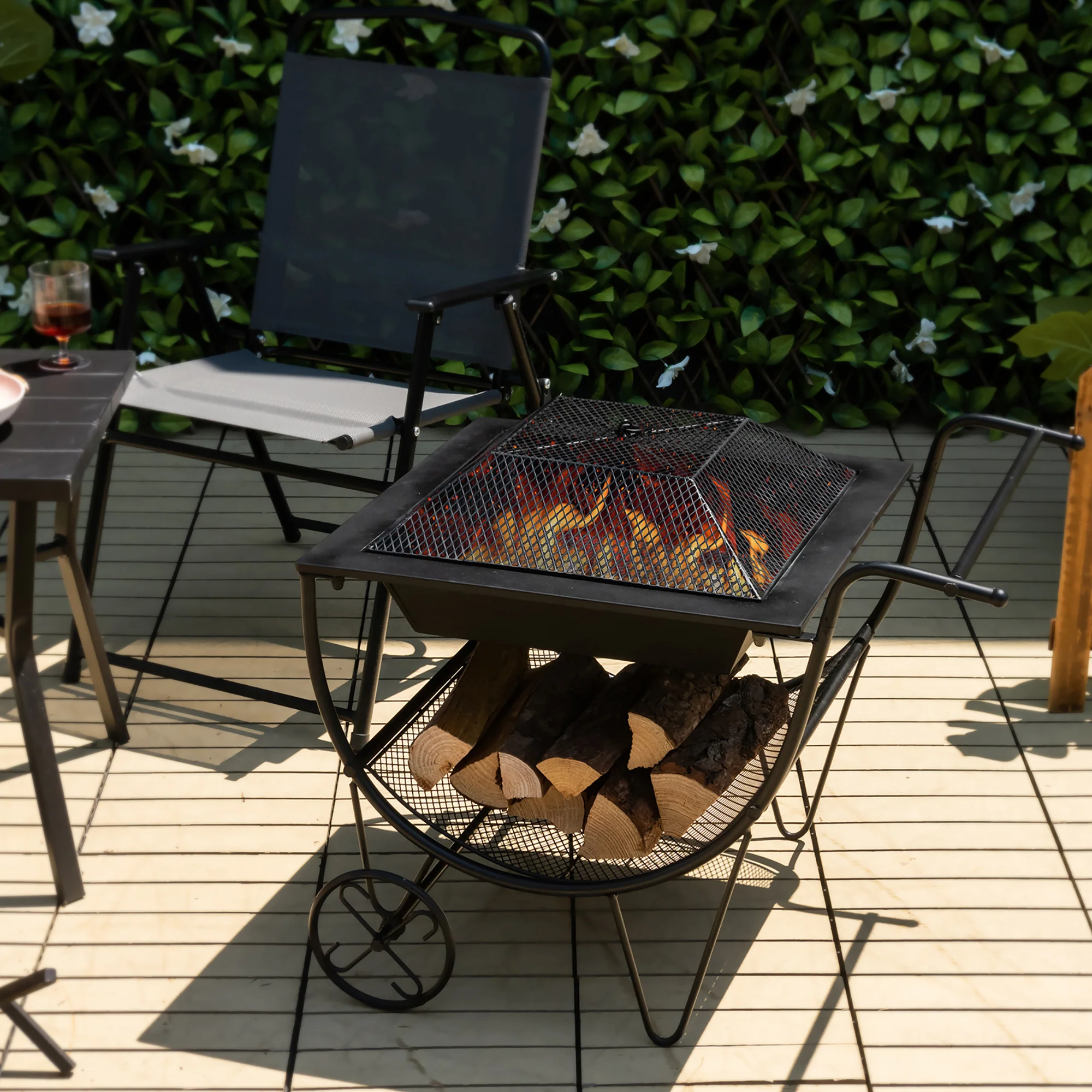 Costway Outdoor Wood Burning Fire pit Steel Patio Stove w/ Log Storage Rack &a; Wheels
