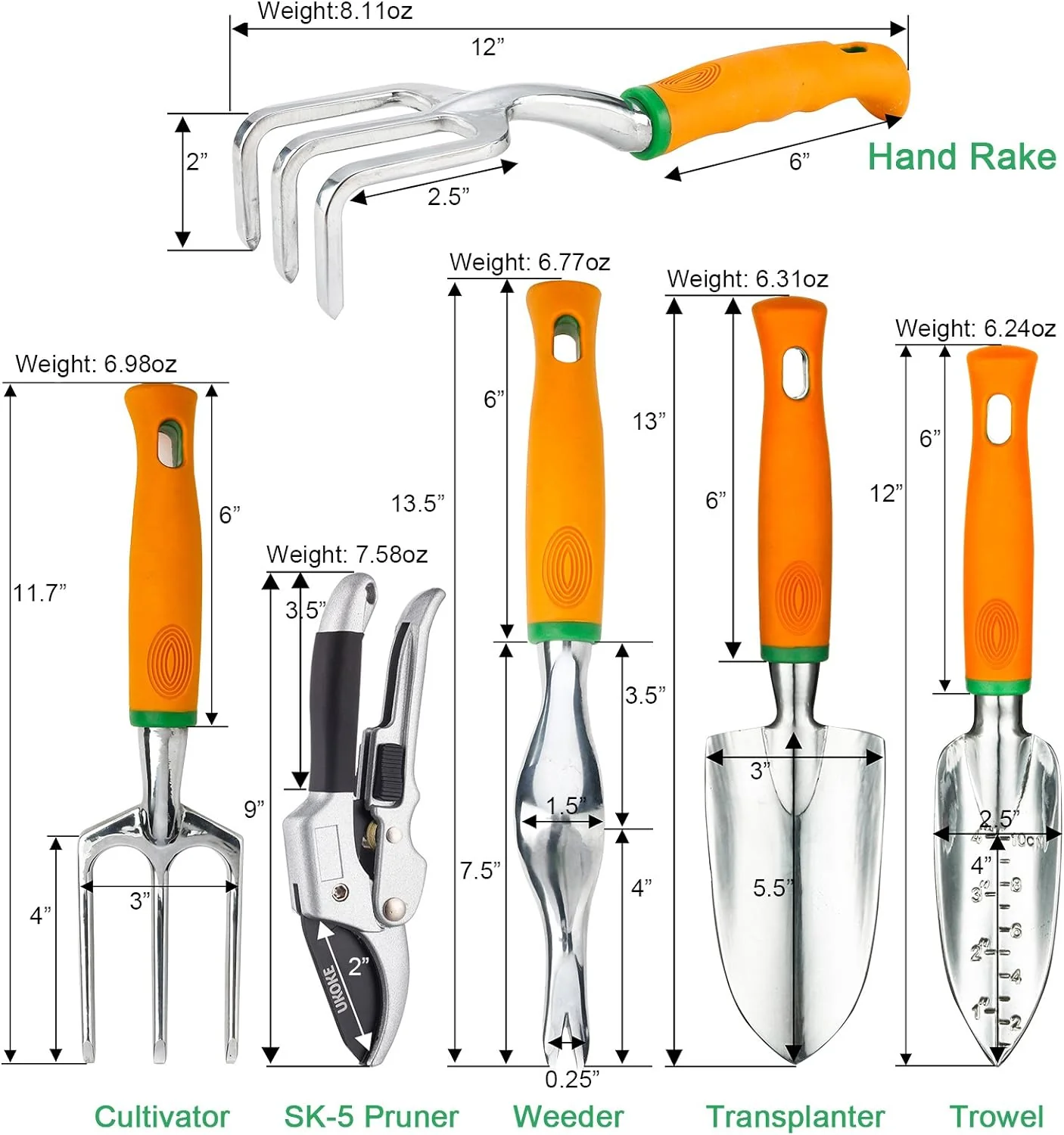 UKOKE Garden Tool Set, 12 Piece Aluminum Hand Tool Kit, Garden Canvas Apron with Storage Pocket, Outdoor Tool, Heavy Duty Gardening W
