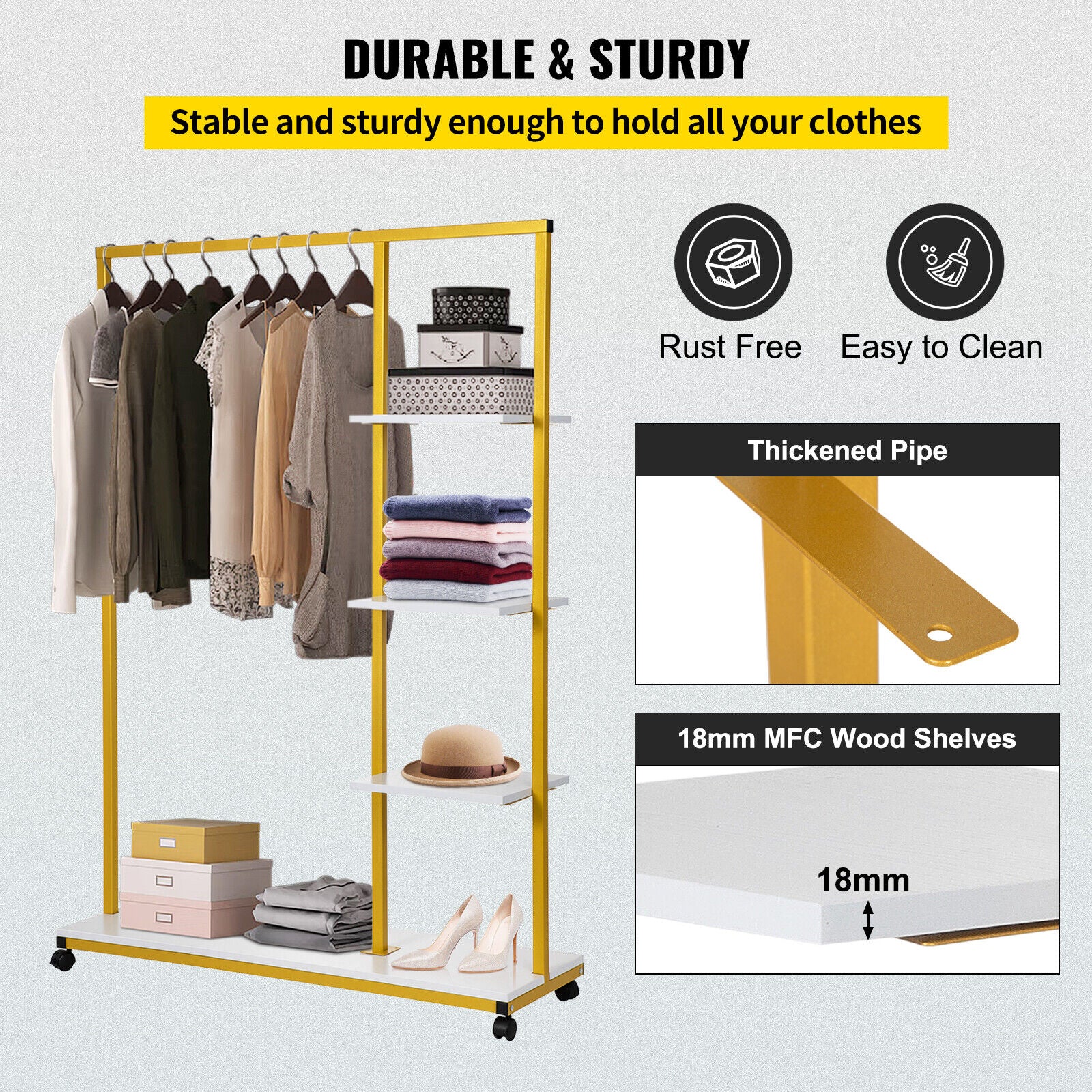 GCP Products Garment Rack Clothes Rack Clothes Organizer W/ 3 Side Shelves &a; Wheels