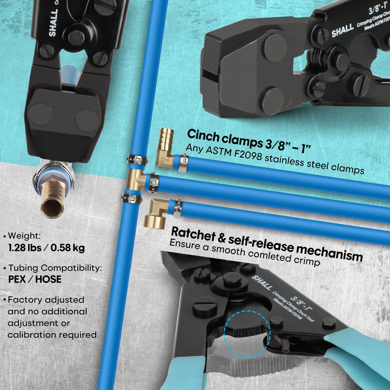 shall pex crimping clamp cinch tool and pipe hose cutter, pipe fitting crimper tool kit meets astm f2098 for 3/8