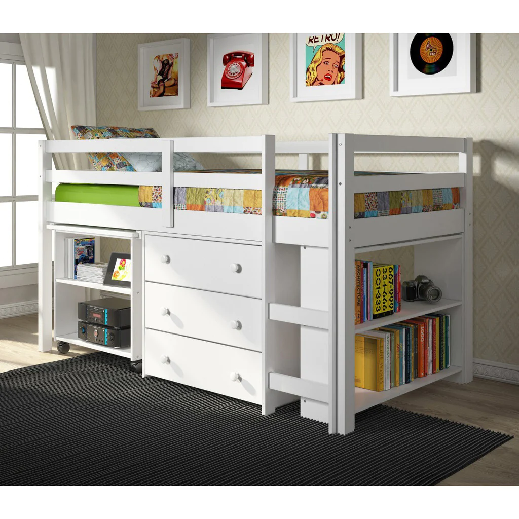 Donco Kids White Finish Twin Low Loft with Desk Chest Bookcase
