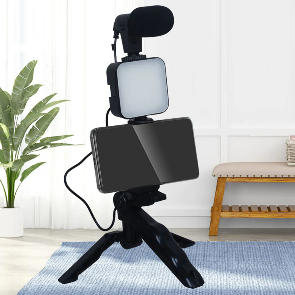 HD Accessory Vlogging Smartphone Kit with Tripod, Microphone and LED Light - Black