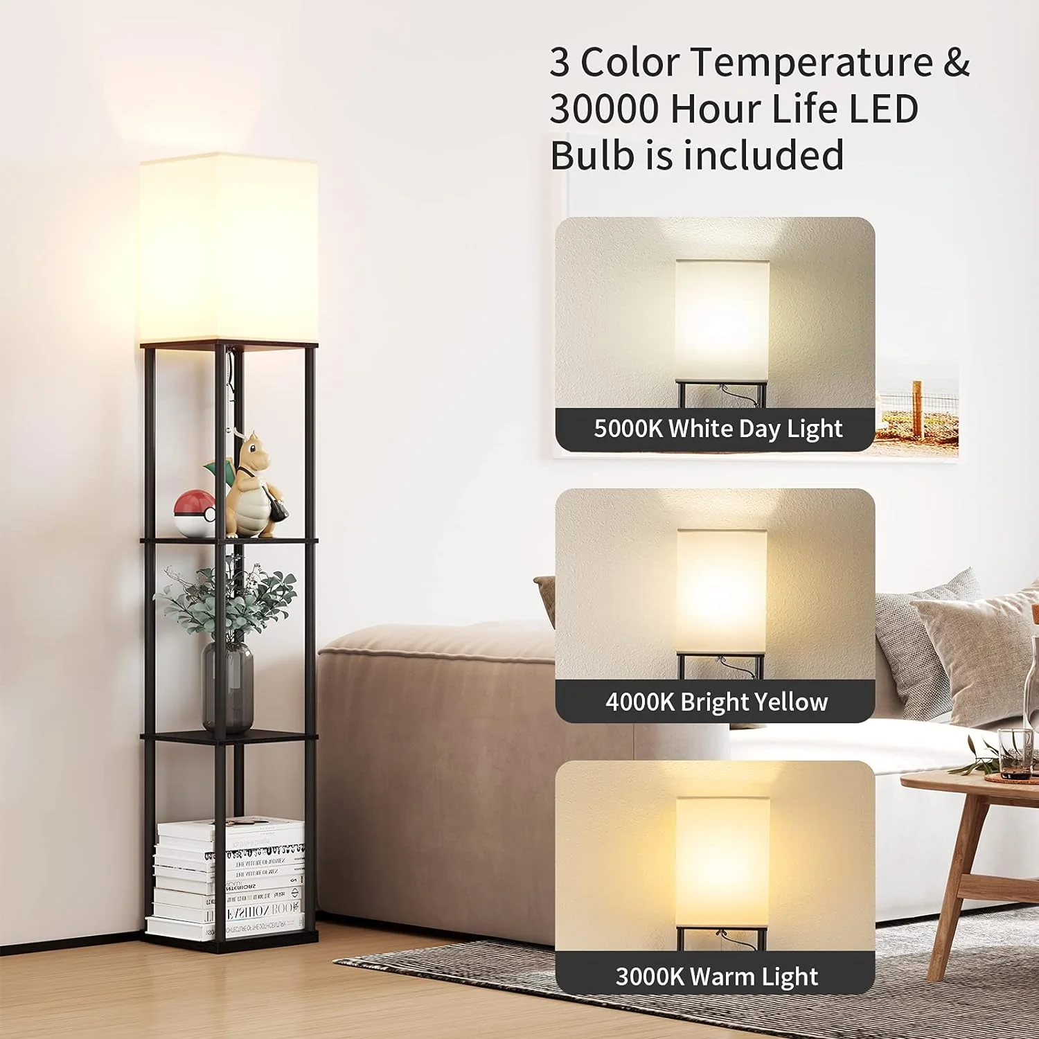 SUNMORY Floor Lamp with Shelves, Modern Square Standing Lamp with 3 Color Temperature Bulb, Corner Display Bookshelf Lamp for Living Ro