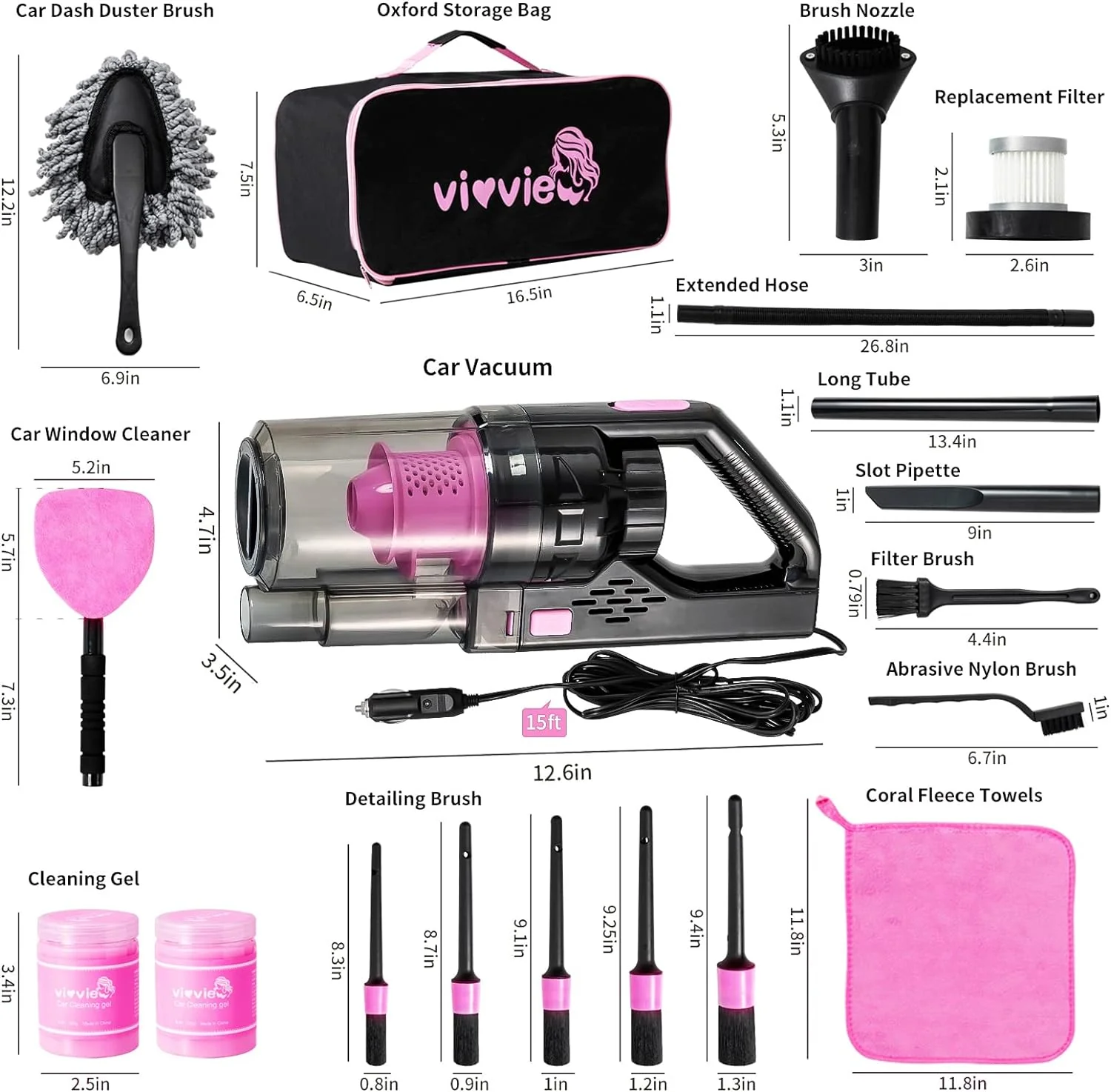 Generic Vioview 14Pcs Car Cleaning Kit, Pink Car Interior Detailing Kit with High Power Handheld Vacuum, Cleaning Gel, Detailing Brush