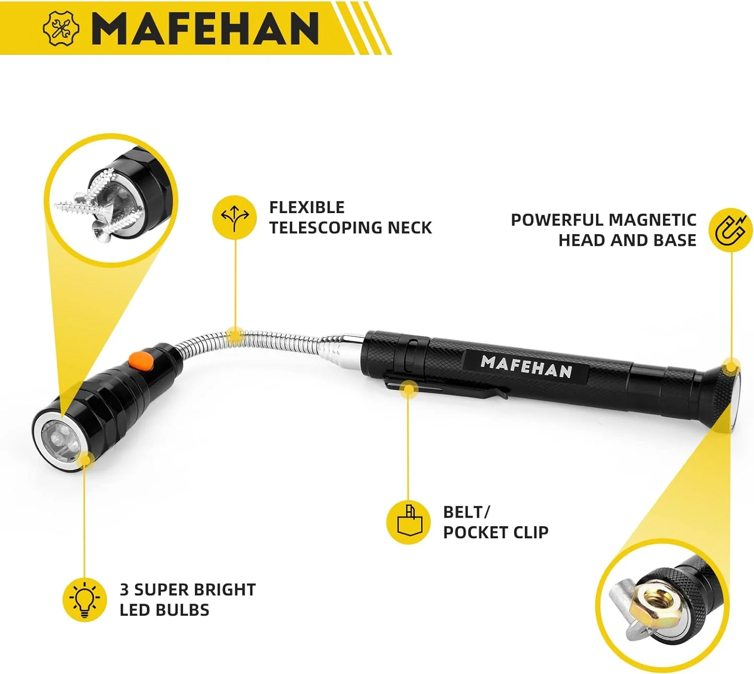 MAFEHAN Magnetic Pickup Tool, Telescoping Magnetic 3 LED Flashlight with Extendable Neck up to 22 Inches, Gifts for men, Dad, Husband o