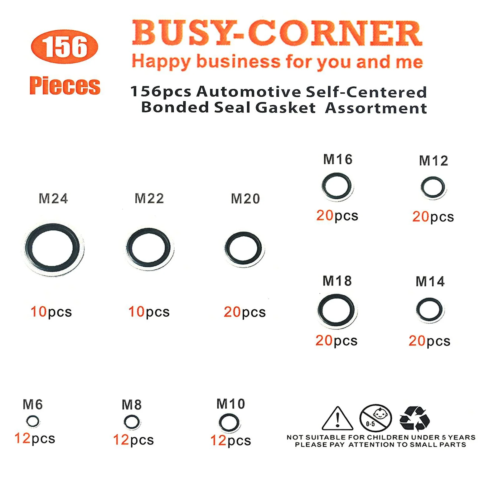 BUSY-CORNER 156 pieces bonded seal dowty washer,automotive self-centred dowty seal gasket assortment,10 metric sizes,from m6 to m24 (metr