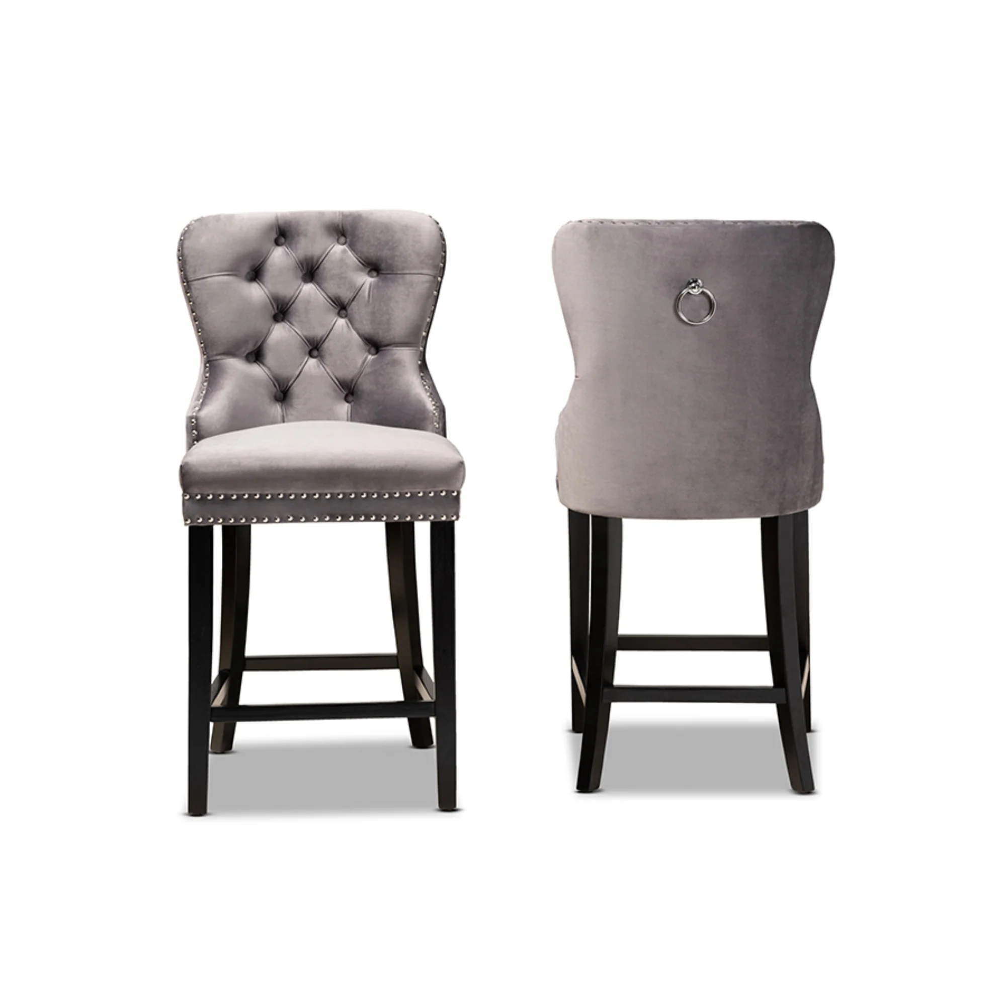 Baxton Studio Howell Modern Transitional Grey Velvet Upholstered and Dark Brown Finished Wood 2-Piece Counter Stool Set