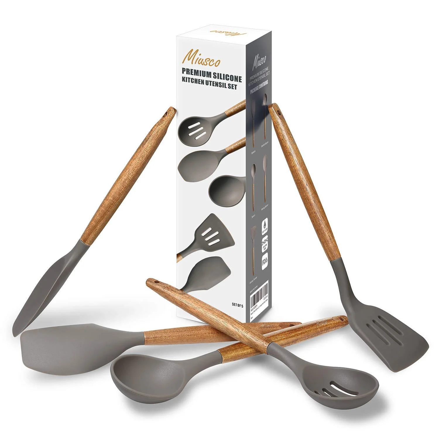 miusco non-stick silicone kitchen utensils set with natural acacia hard wood handle, 5 pieces, grey, bpa free, baking, servin
