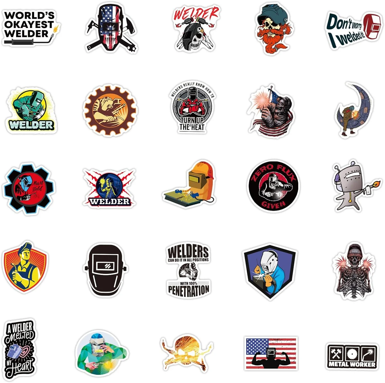 WAIO Welder Stickers 52PCS Funny Hard Hat Worker Welding Decals Pack for Water Bottle Helmet Tool Box Skateboard Decors