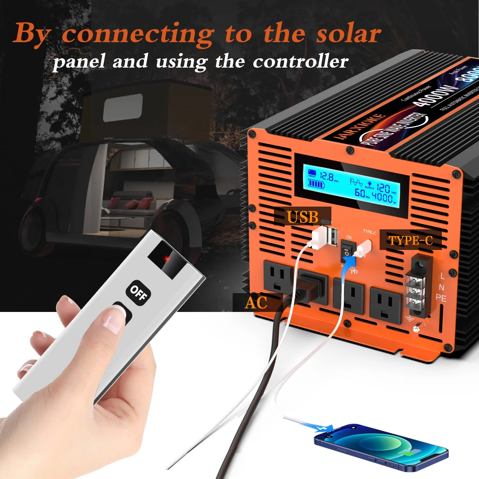 JARXIOKE 4000 Watt Pure Sine Wave Power Inverter 12V Dc to 110V 120V converter for Family RV Off grid Solar System car with Type-c Ports